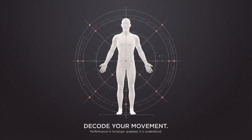 Biomechanical human figure with measurement grid illustrating movement analysis and control.