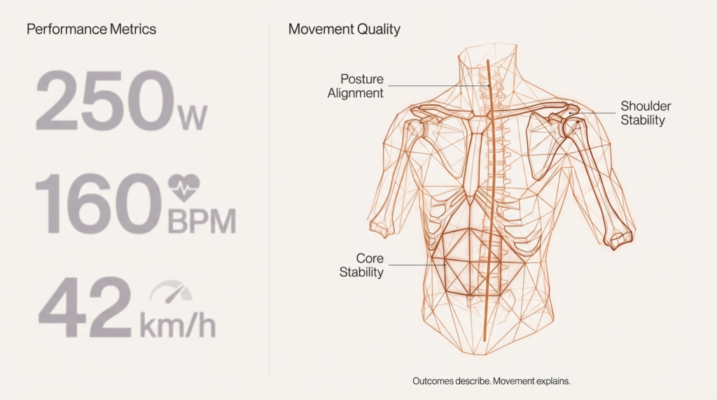 Comparison of performance metrics and movement quality showing outputs versus underlying mechanics.