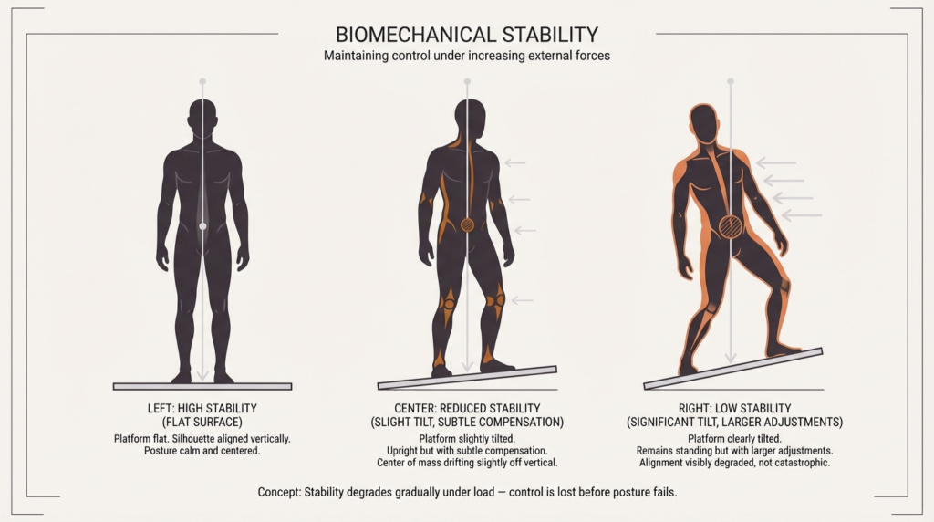 Human balance illustration showing decreasing stability under increasing external forces.