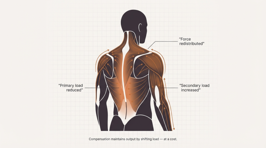 Back view of human body showing force redistribution and compensatory load pathways.
