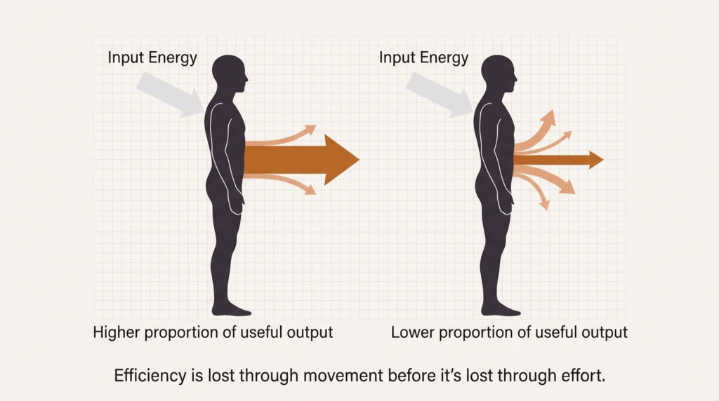 Comparison of efficient and inefficient movement showing energy leakage versus useful output.