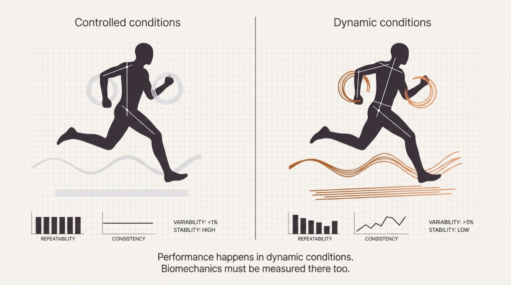 Split image comparing controlled laboratory running and dynamic outdoor running conditions.